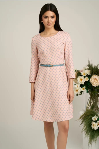 Rochie scurta roz cu buline gri si curea in talie