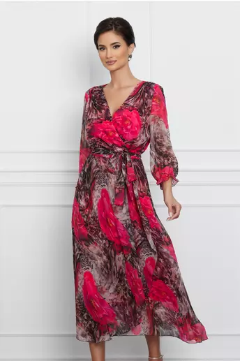 Rochie Serena maro cu animal print si flori rosii