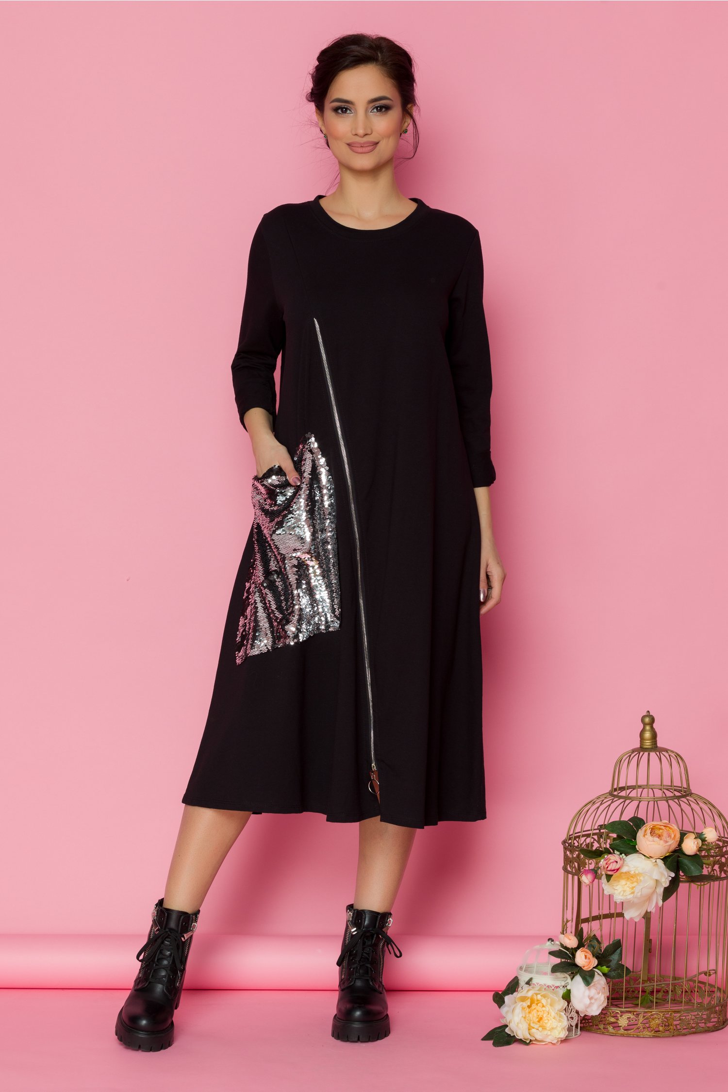 Rochie shine neagra cu buzunar maxi din paiete reversibile