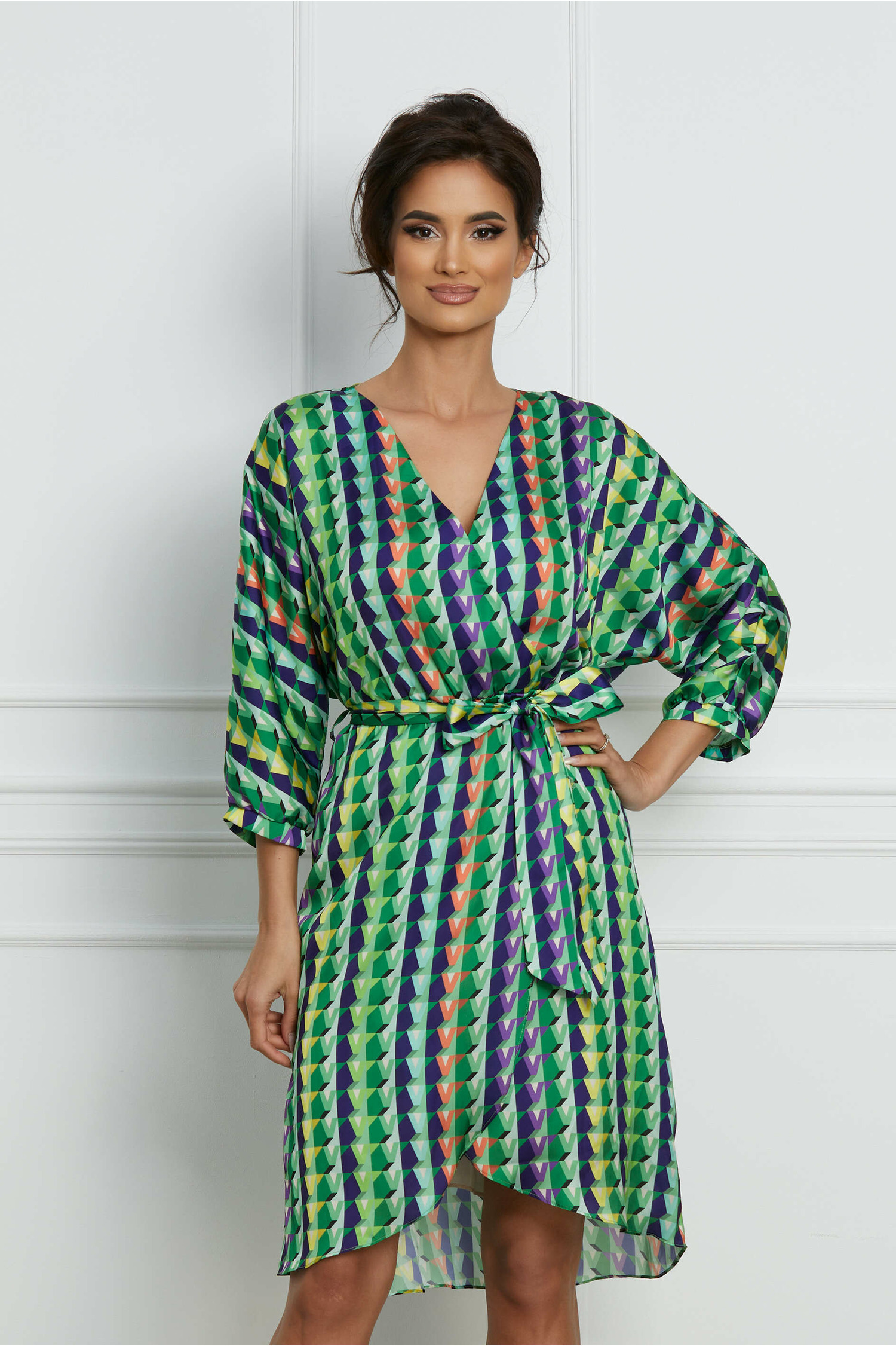 Rochie Siena verde cu imprimeuri geometrice - Rochii-Dama.ro