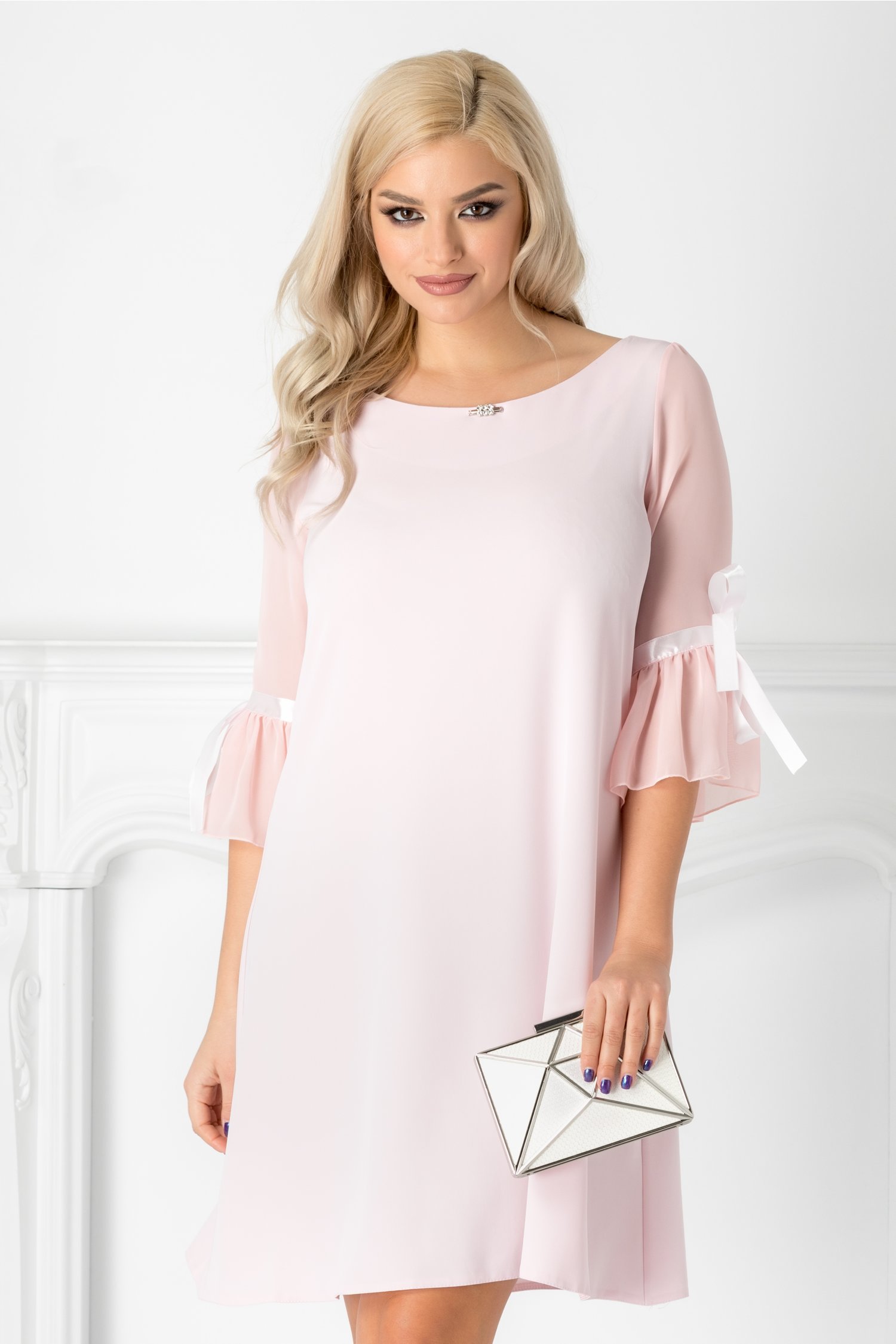 Rochie Silva roz pal eleganta cu maneci din voal si funda din satin