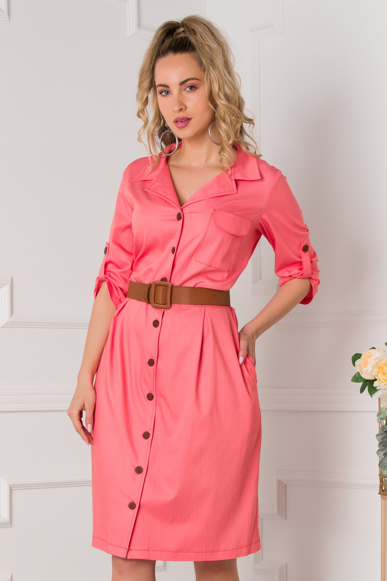 Rochie Simina tip camasa corai