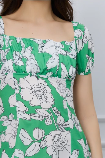 Rochie Simona verde cu imprimeu floral alb