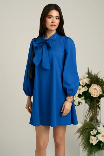 Rochie smart-casual din bumbac albastra cu funda