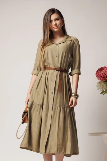 Rochie smart-casual din viscoza kaki tip camasa cu nasturi si curea