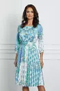 Rochie Sorana alb cu imprimeuri bleu si fusta plisata