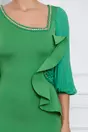 Rochie Sorina verde din neopren cu maneci din voal plisat si strasuri