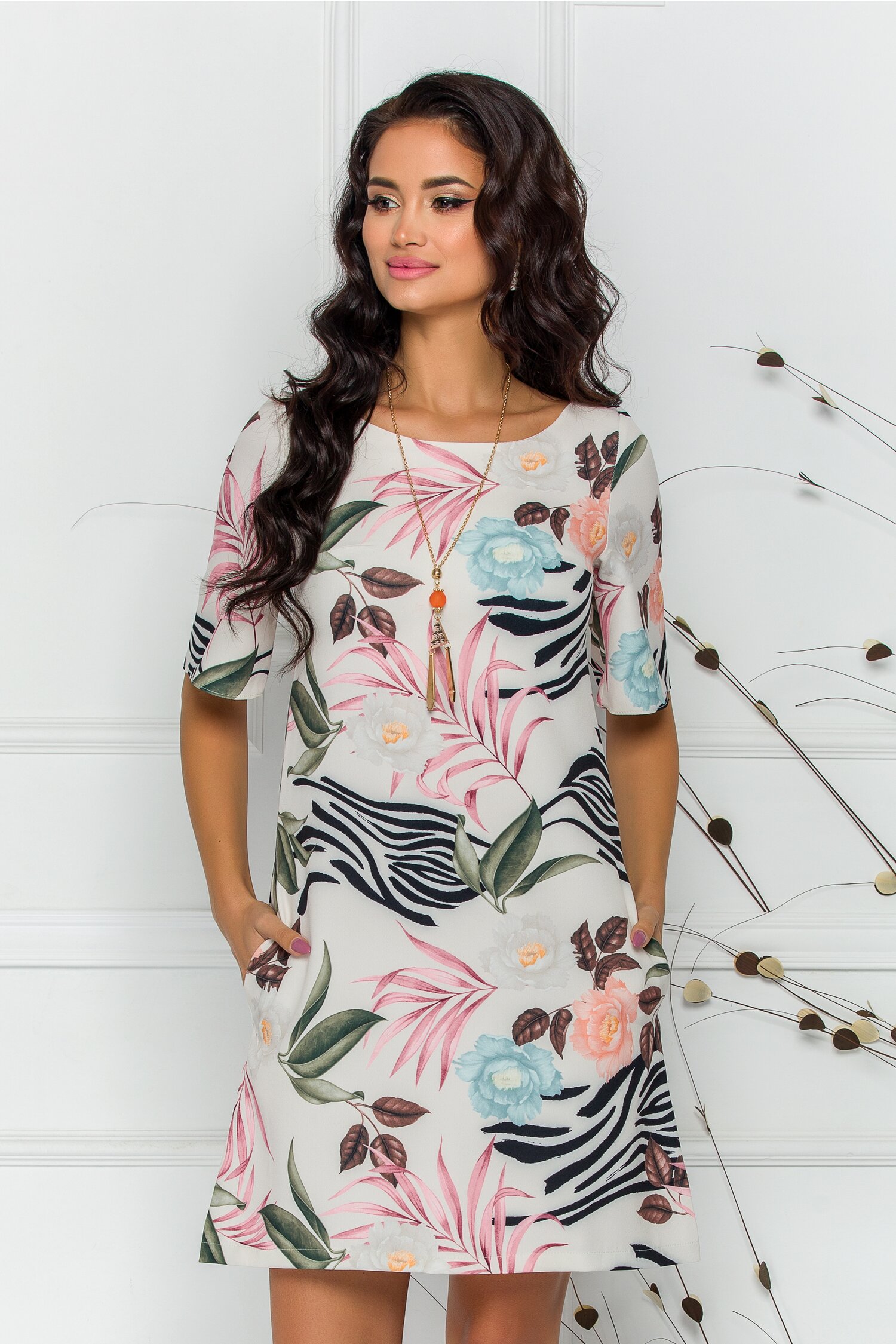 Rochie Syla ivoire cu buzunare si imprimeu floral