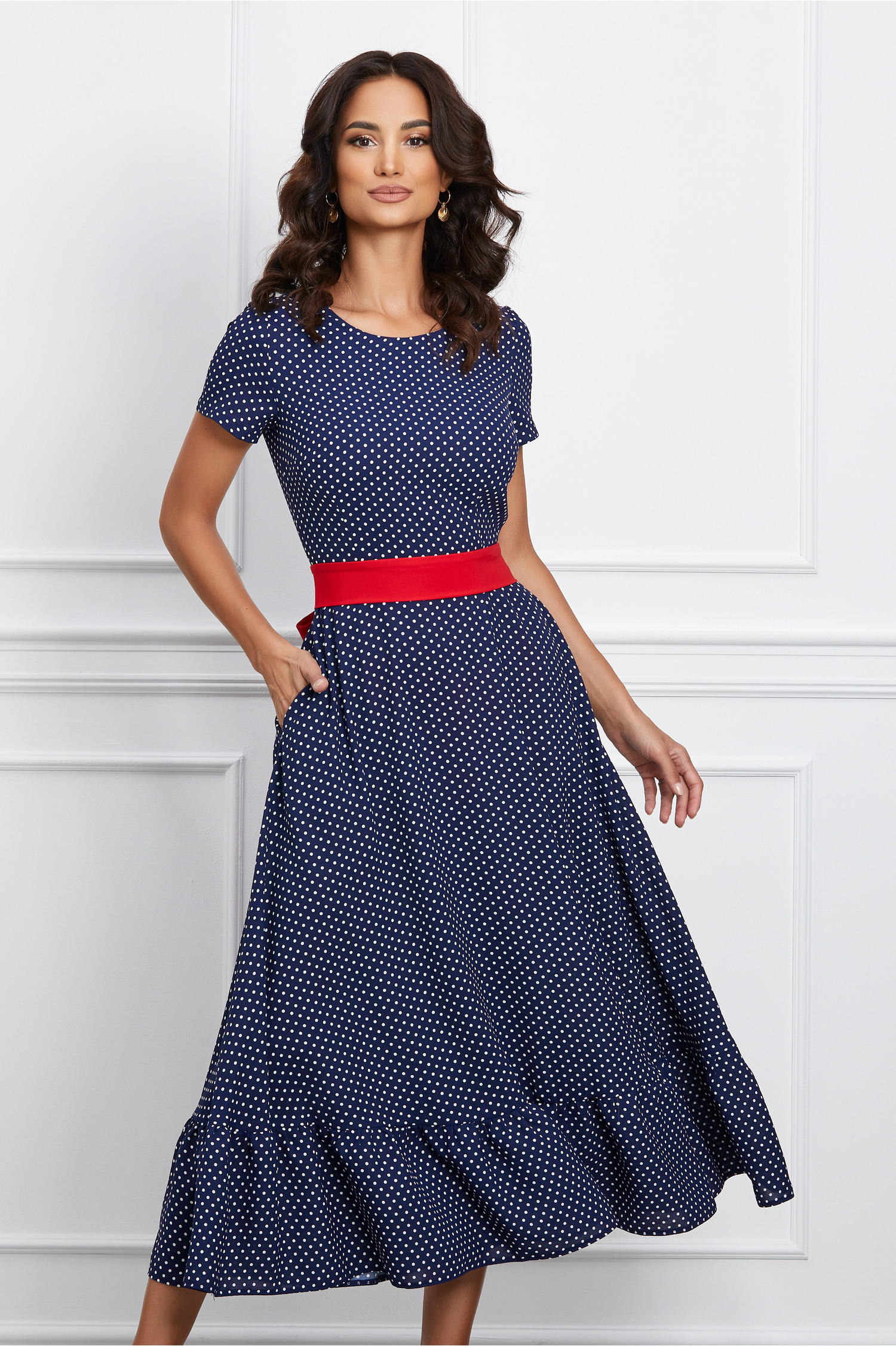 Rochie office bleumarin cu buline si cordon rosu