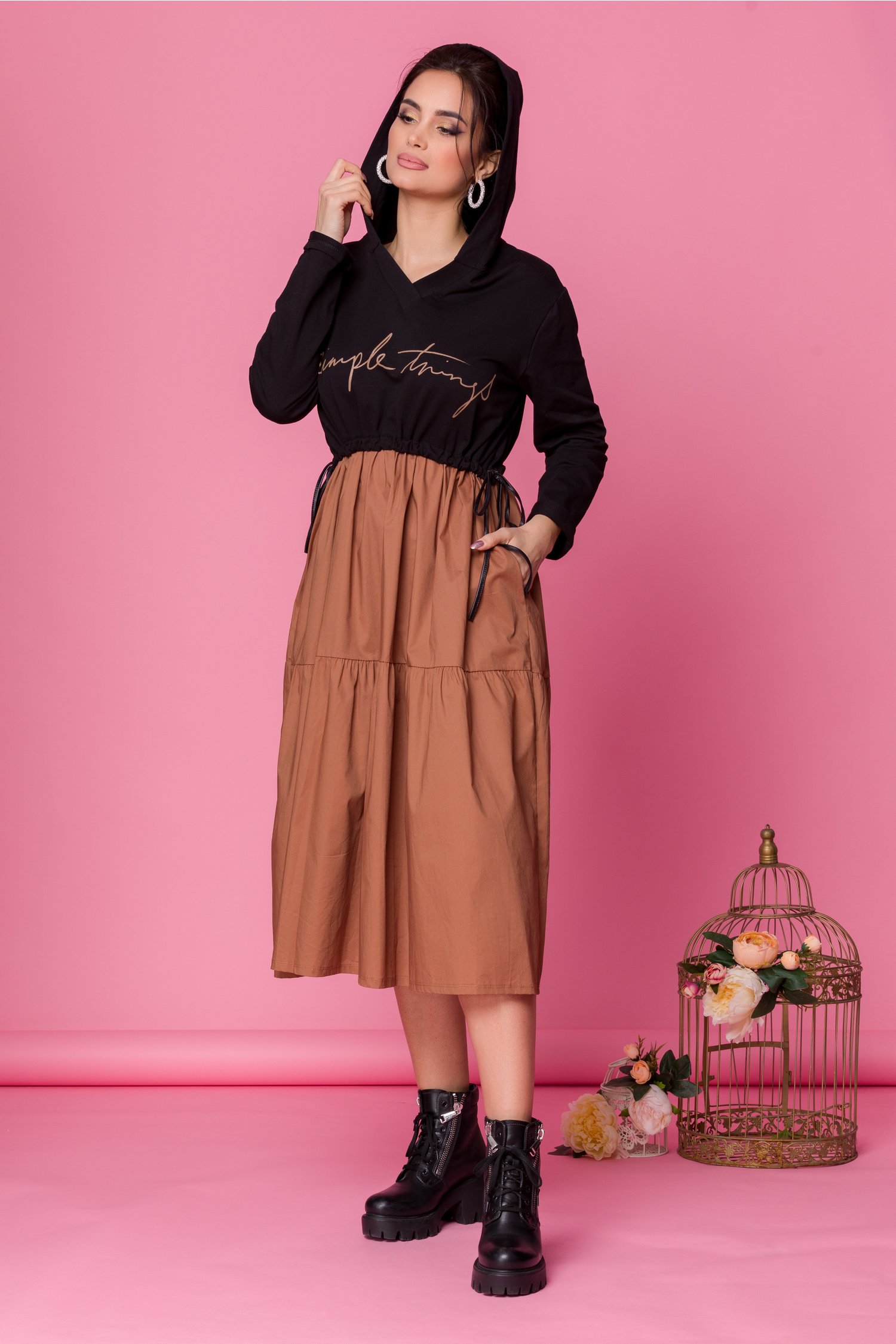 Rochie tamara midi casual maro si negru
