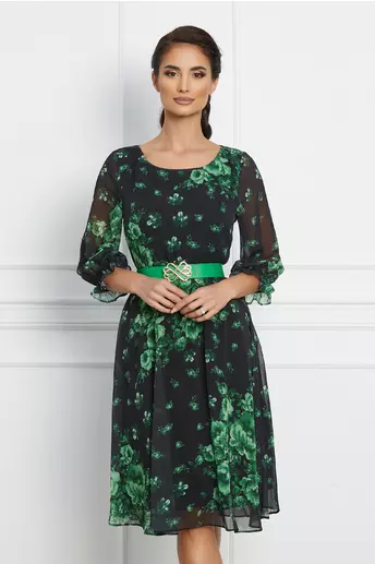 Rochie Tamara neagra cu imprimeuri florale verzi si curea in talie