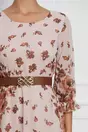 Rochie Tamara roz cu imprimeuri florale maro si curea in talie