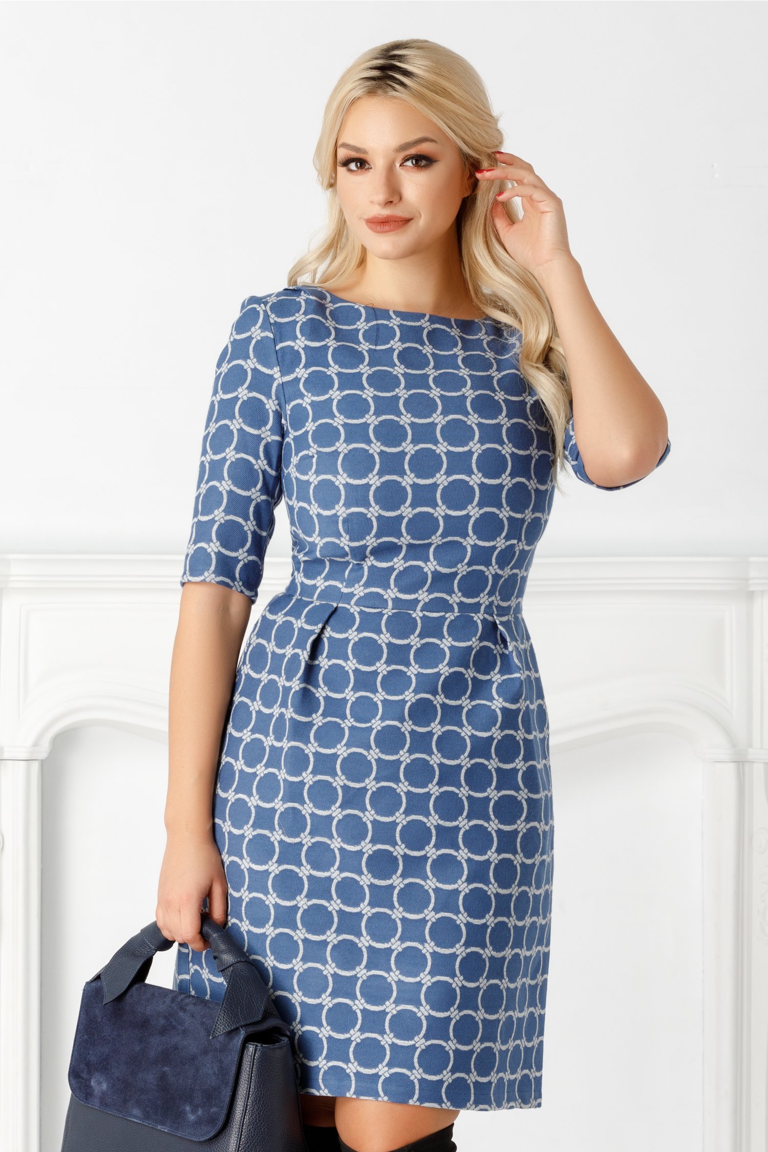 Rochie Timea bleu cu imprimeu alb