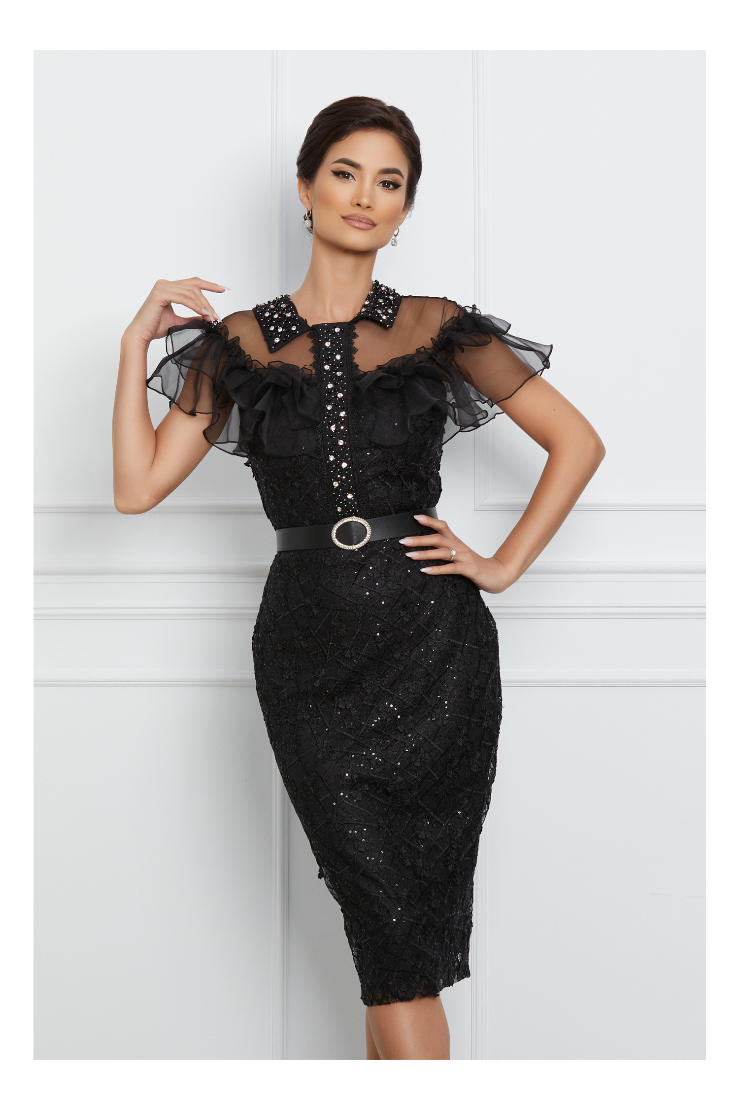 Rochie Timeea neagra cu guler si curea in talie