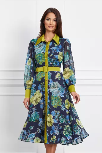 Rochie Tina bleumarin cu nasturi si curea colorata in talie