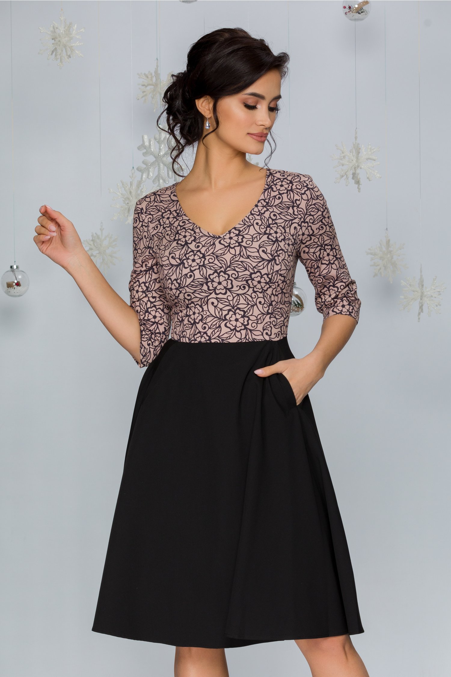 Rochie vany neagra cu bustul bej imprimat