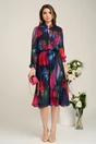 Rochie vaporoasa de zi din voal bleumarin cu imprimeuri fucsia
