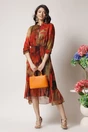 Rochie vaporoasa de zi din voal galben mustar cu imprimeuri orange
