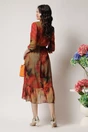 Rochie vaporoasa de zi din voal galben mustar cu imprimeuri orange