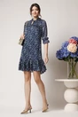 Rochie vaporoasa din voal bleumarin cu floricele albe