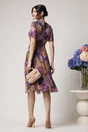 Rochie DY Fashion vaporoasa din voal lila cu imprimeu mov