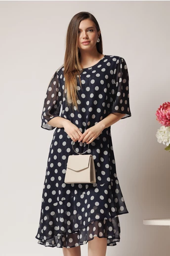 Rochie vaporoasa din voal neagra cu buline si insertii din fir lurex