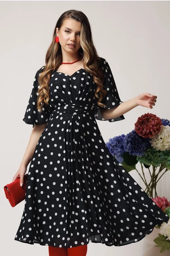 Rochie vaporoasa din voal neagra cu buline si pliuri pe talie
