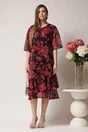 Rochie vaporoasa din voal neagra cu flori fucsia si insertii din fir lurex