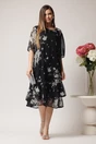 Rochie vaporoasa din voal neagra cu imprimeu floral si insertii din fir lurex