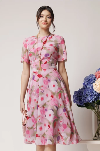 Rochie DY Fashion vaporoasa din voal roz cu imprimeu mov