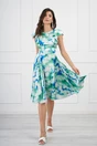 Rochie de zi din satin verde cu imprimeu tie-dye albastru si vonale pe bust