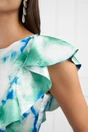 Rochie de zi din satin verde cu imprimeu tie-dye albastru si vonale pe bust