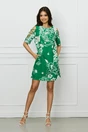 Rochie de zi verde cu imprimeuri albe si decupaje pe maneci