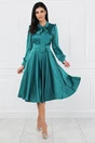 Rochie verde din satin cu pliuri pe bust si buzunare functionale