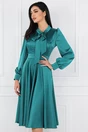 Rochie verde din satin cu pliuri pe bust si buzunare functionale