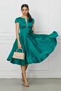Rochie verde din satin cu trandafir in talie
