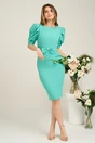 Rochie pffice din stofa verde mint cu funda in talie