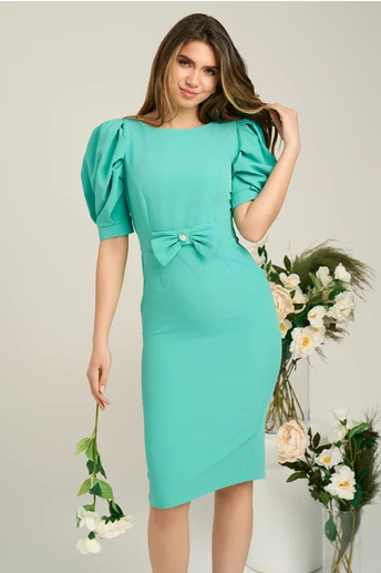 Rochie pffice din stofa verde mint cu funda in talie
