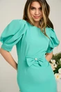 Rochie pffice din stofa verde mint cu funda in talie