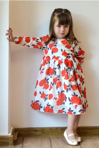 Rochita pentru fetite Dy Fashion alba cu flori rosii din voal