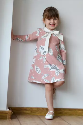 Rochita pentru fetite Dy Fashion roz cu imprimeu si funda la guler