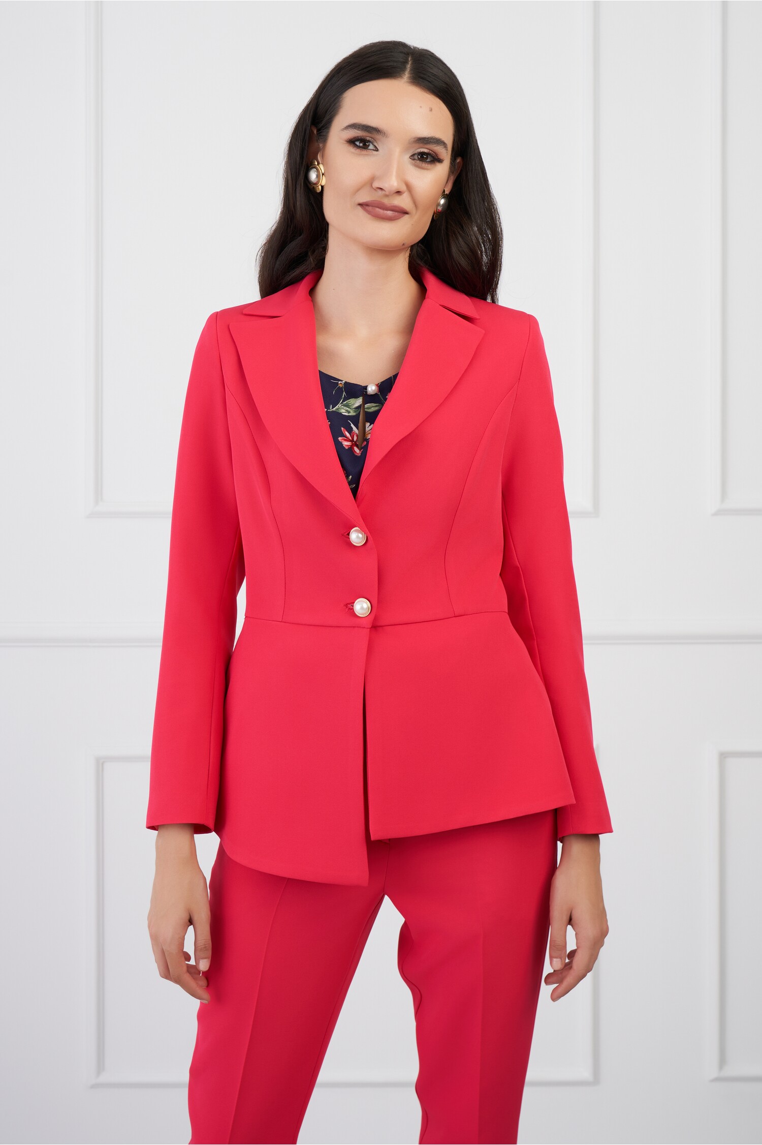 Sacou Moze fucsia cu peplum si nasturi perlati