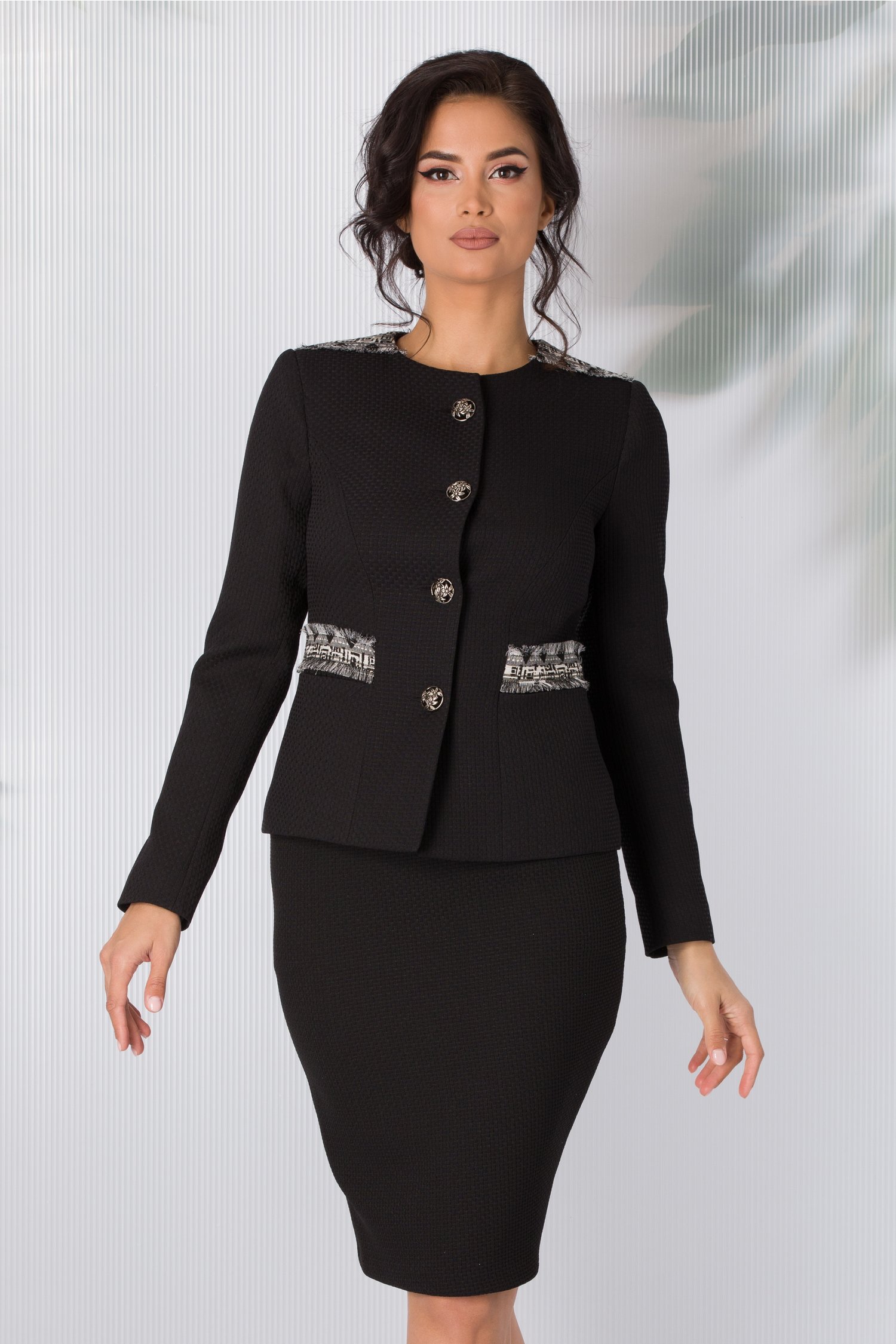 Sacou Moze negru elegant cu imprimeu divers alb-negru si fir stralucitor argintiu