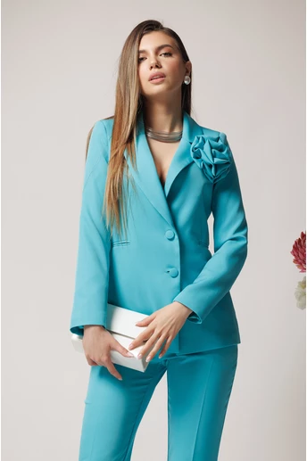 Sacou Moze office din stofa bleu cu floare maxi