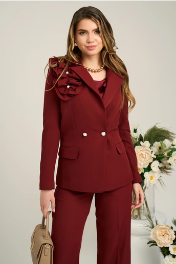 Sacou Moze office din stofa bordo cu floare pe umar