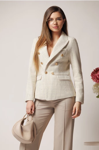 Sacou office din tweed bej cu carouri si fir lurex