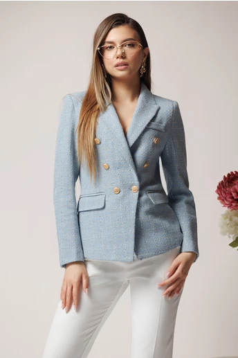 Sacou office din tweed bleu cu carouri si fir lurex