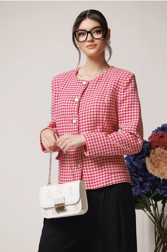 Sacou office din tweed fucsia cu imprimeu pepit
