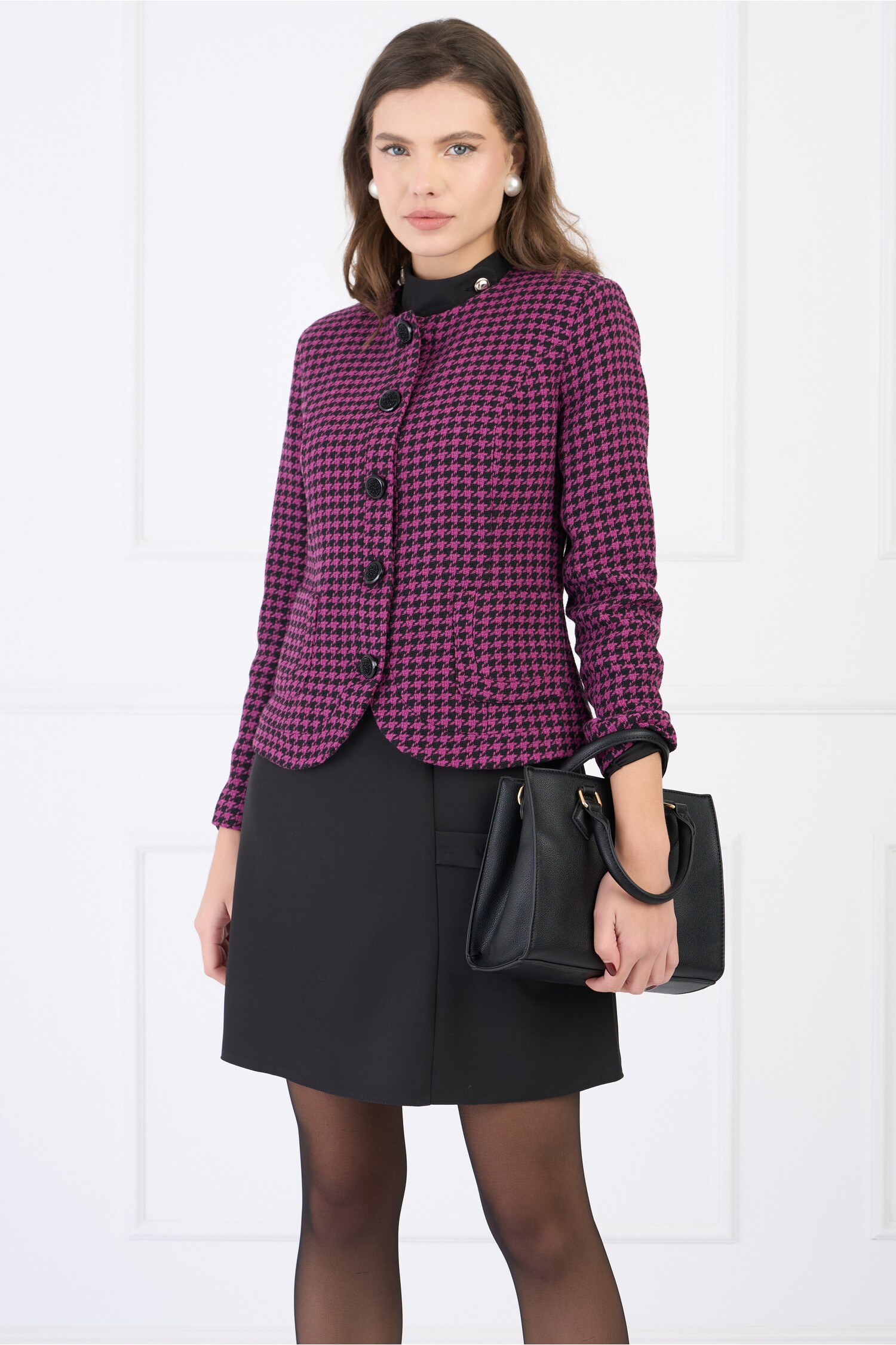 Sacou office din tweed fucsia cu imprimeu picior de cocos