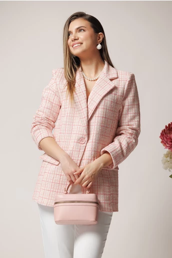 Sacou office din tweed roz cu carouri